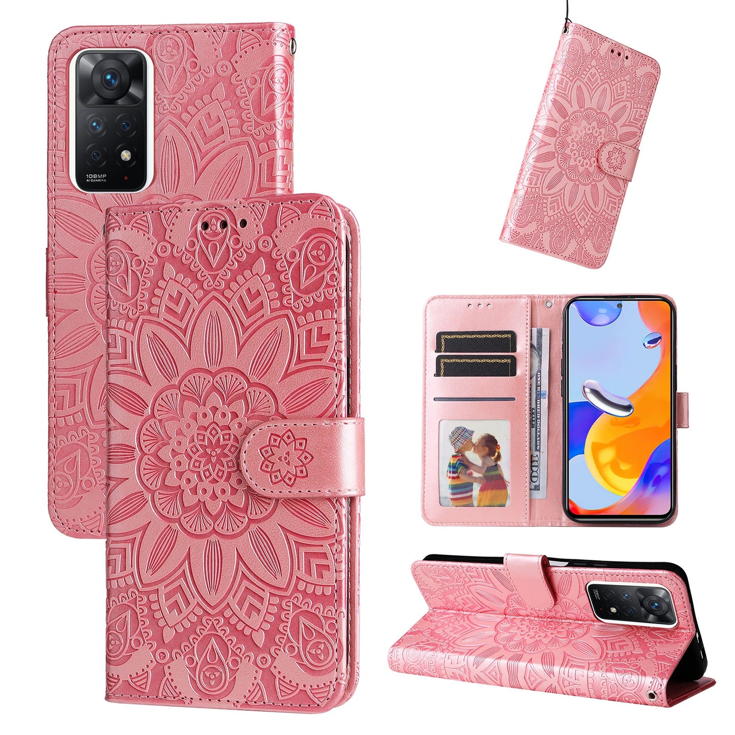 Xiaomi Redmi Note 11 Pro 5G Sunflower Embossed Leather Wallet Phone Case with Kickstand and Card Holder