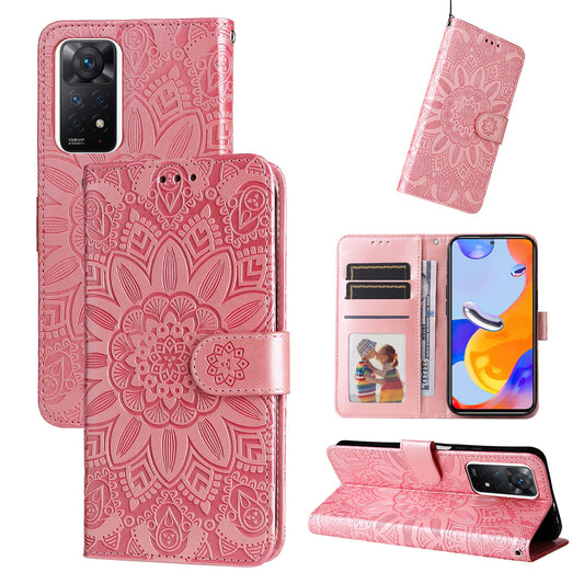 Xiaomi Redmi Note 11 Pro 5G Sunflower Embossed Leather Wallet Phone Case with Kickstand and Card Holder