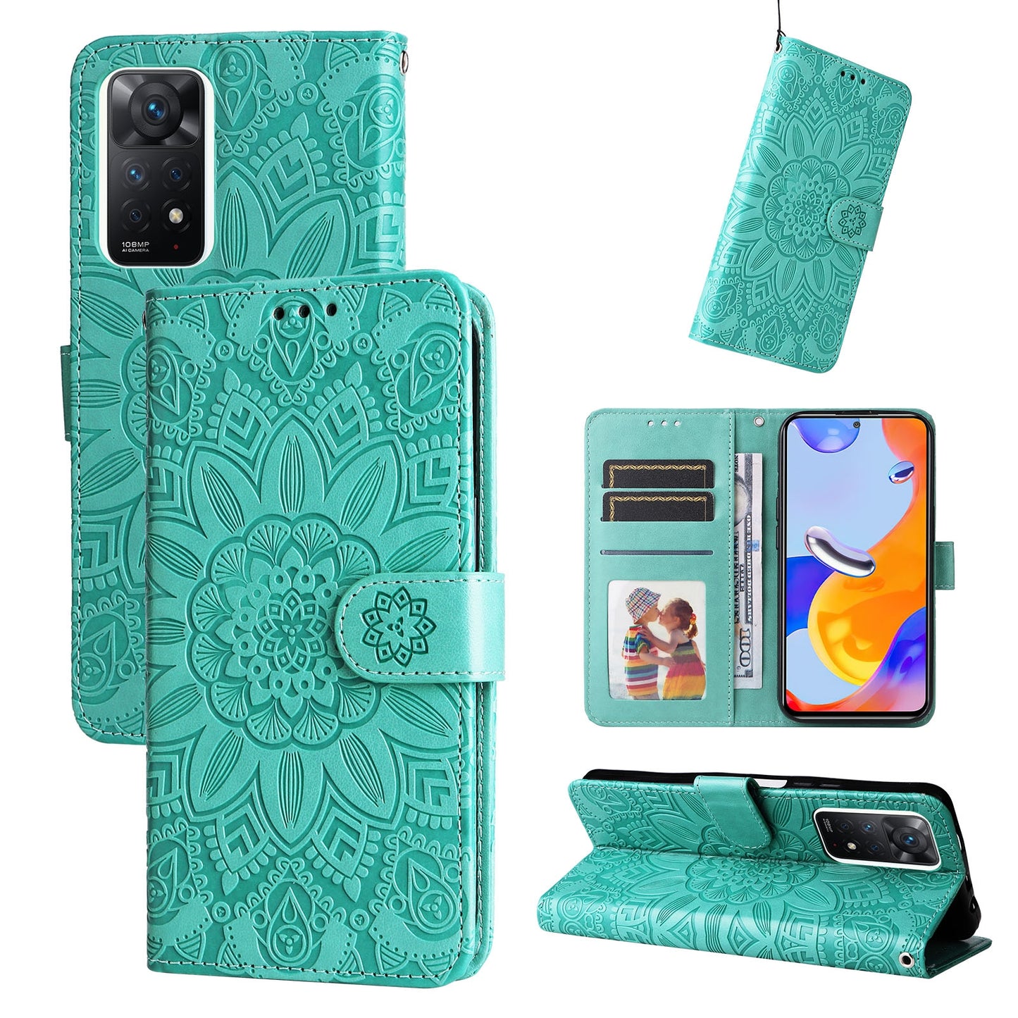 Xiaomi Redmi Note 11 Pro 5G Sunflower Embossed Leather Wallet Phone Case with Kickstand and Card Holder