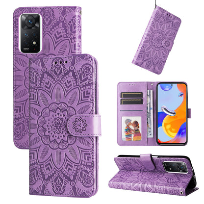 Xiaomi Redmi Note 11 Pro 5G Sunflower Embossed Leather Wallet Phone Case with Kickstand and Card Holder