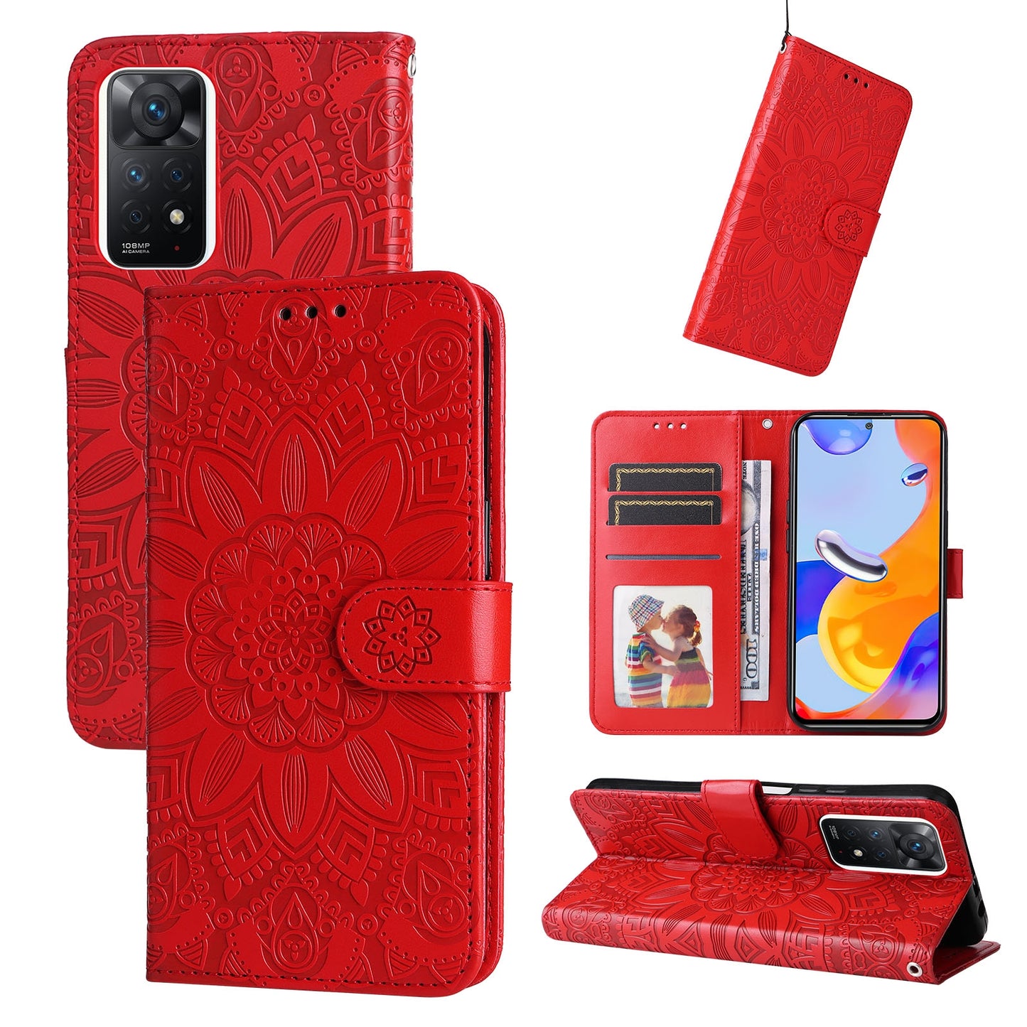 Xiaomi Redmi Note 11 Pro 5G Sunflower Embossed Leather Wallet Phone Case with Kickstand and Card Holder