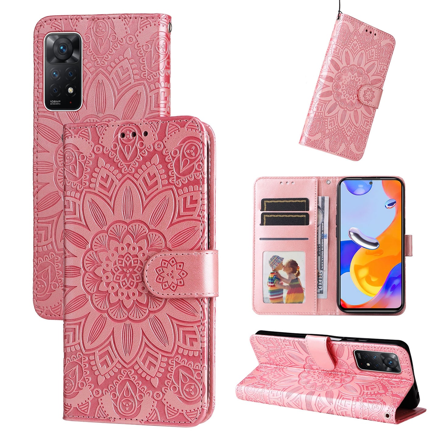 Xiaomi Redmi Note 11 Pro 4G Sunflower Embossed Leather Wallet Phone Case with Kickstand and Card Holder