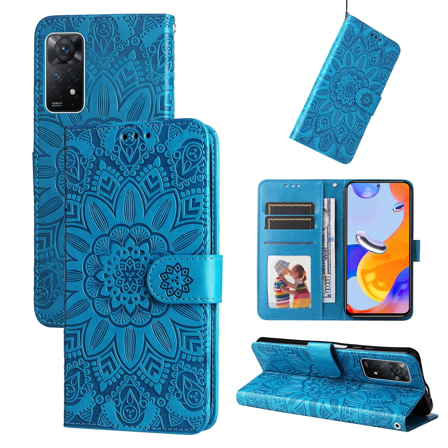 Xiaomi Redmi Note 11 Pro 4G Sunflower Embossed Leather Wallet Phone Case with Kickstand and Card Holder