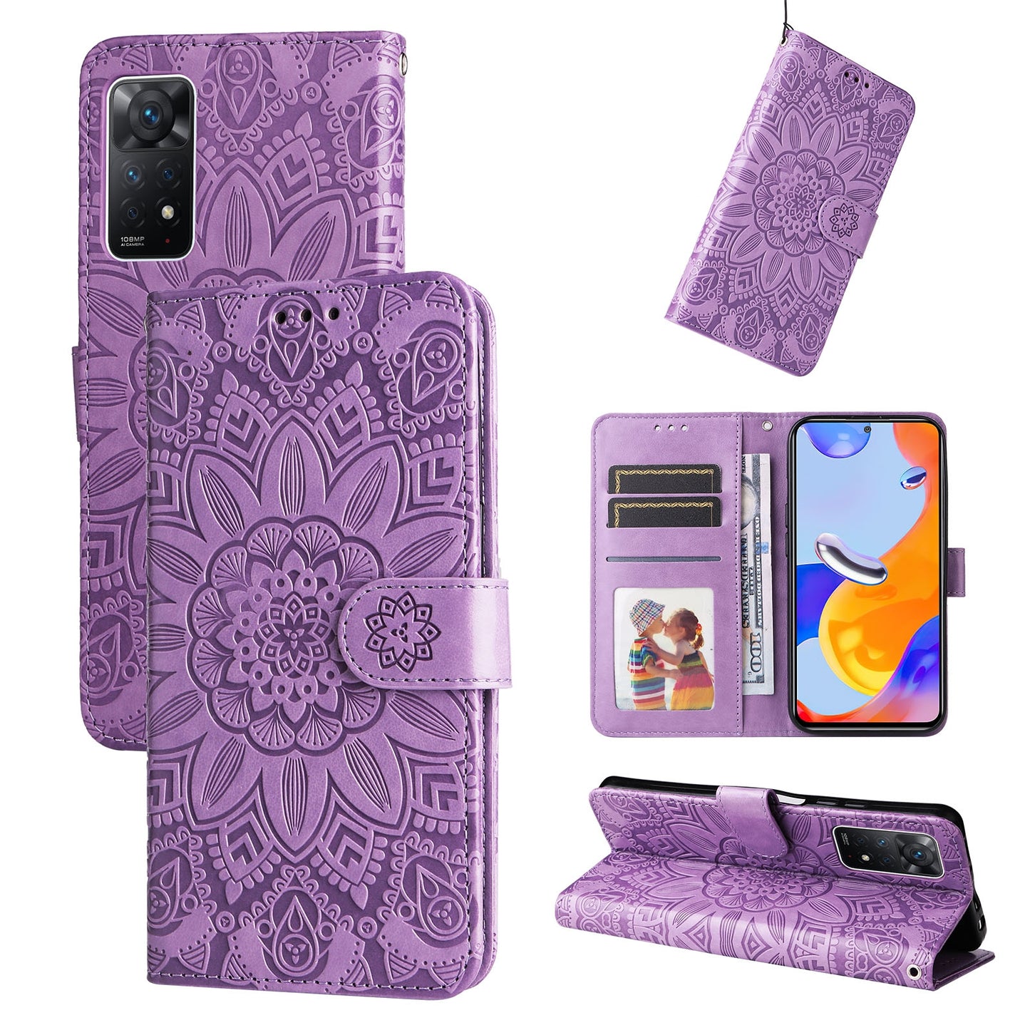 Xiaomi Redmi Note 11 Pro 4G Sunflower Embossed Leather Wallet Phone Case with Kickstand and Card Holder