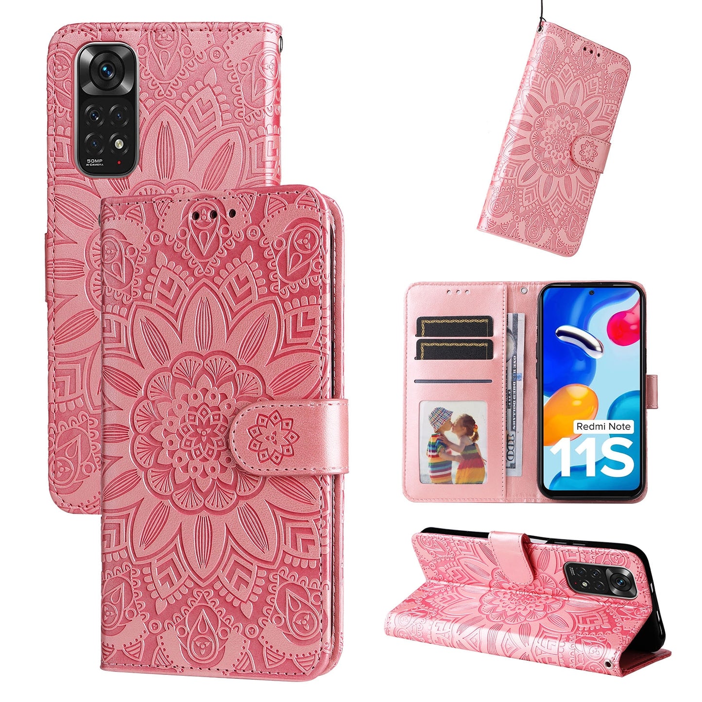 Xiaomi Redmi Note 11S Sunflower Embossed Leather Wallet Phone Case with Kickstand and Card Holder