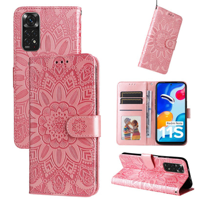 Xiaomi Redmi Note 11 4G Sunflower Embossed Leather Wallet Phone Case with Kickstand and Card Holder