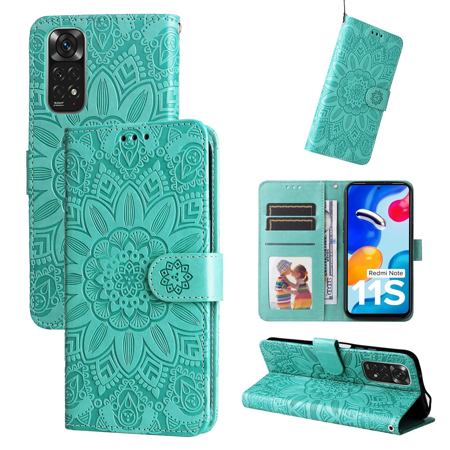 Xiaomi Redmi Note 11S Sunflower Embossed Leather Wallet Phone Case with Kickstand and Card Holder