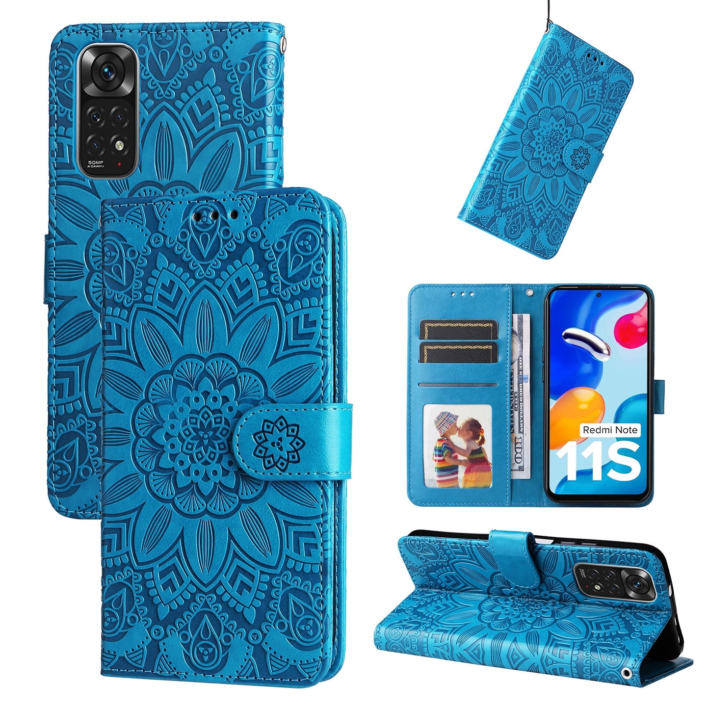 Xiaomi Redmi Note 11S Sunflower Embossed Leather Wallet Phone Case with Kickstand and Card Holder