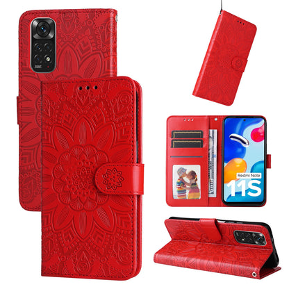 Xiaomi Redmi Note 11S Sunflower Embossed Leather Wallet Phone Case with Kickstand and Card Holder