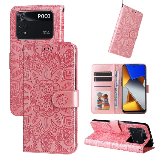 Xiaomi Poco M4 Pro 4G Sunflower Embossed Leather Wallet Phone Case with Kickstand and Card Holder