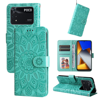 Xiaomi Poco M4 Pro 4G Sunflower Embossed Leather Wallet Phone Case with Kickstand and Card Holder