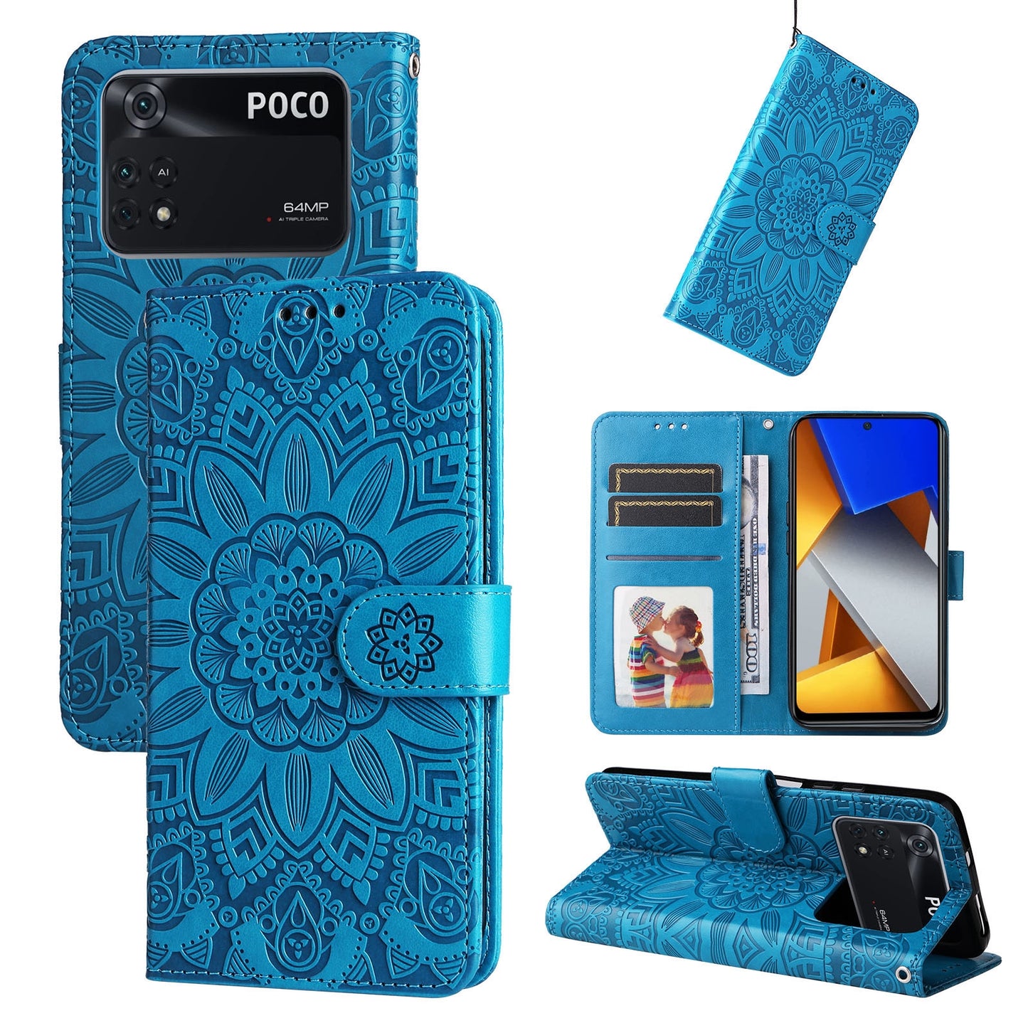 Xiaomi Poco M4 Pro 4G Sunflower Embossed Leather Wallet Phone Case with Kickstand and Card Holder