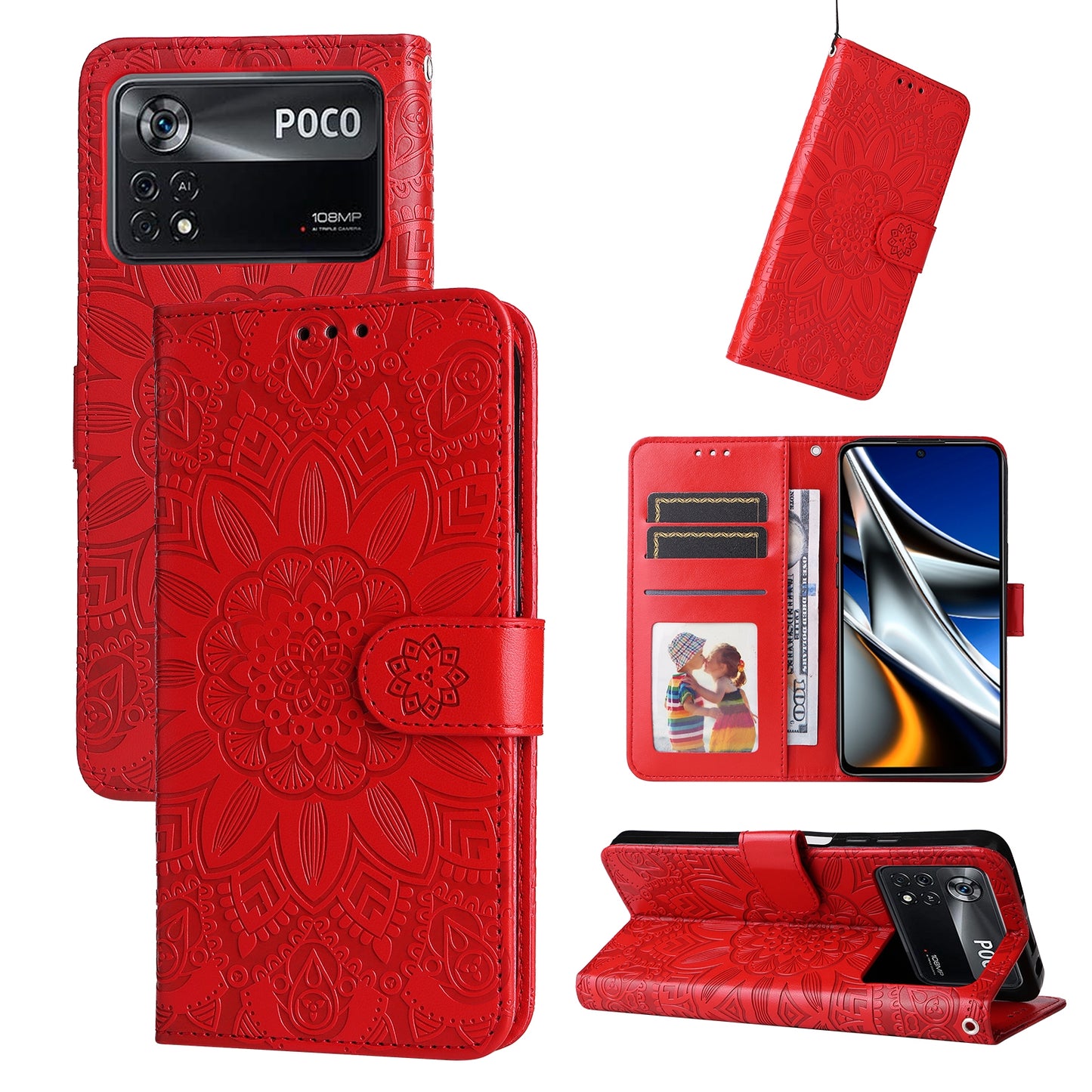 Xiaomi Poco X4 Pro 5G Sunflower Embossed Leather Wallet Phone Case with Kickstand and Card Holder