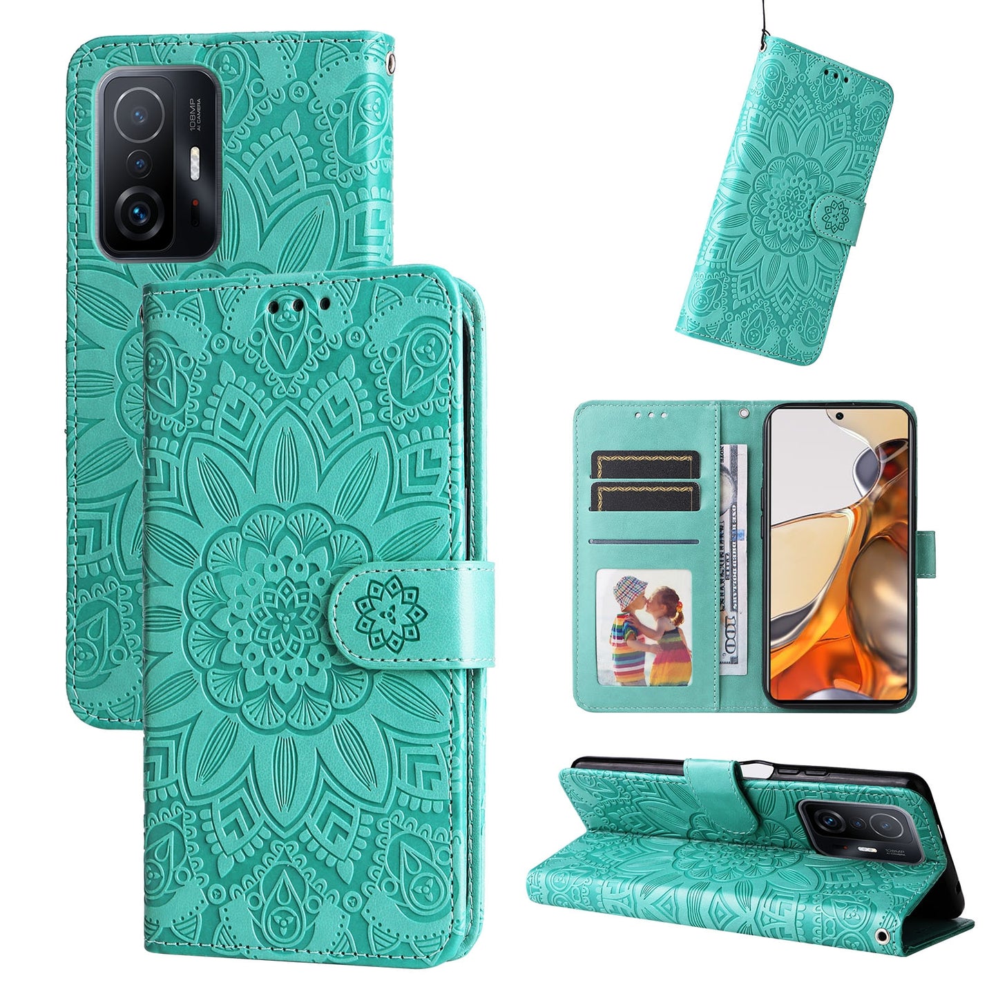 Xiaomi 11T Pro Sunflower Embossed Leather Wallet Phone Case with Kickstand and Card Holder