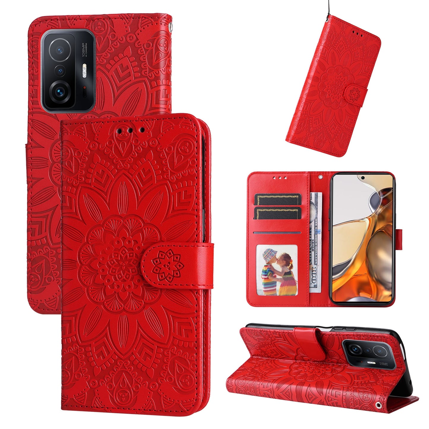 Xiaomi 11T Sunflower Embossed Leather Wallet Phone Case with Kickstand and Card Holder