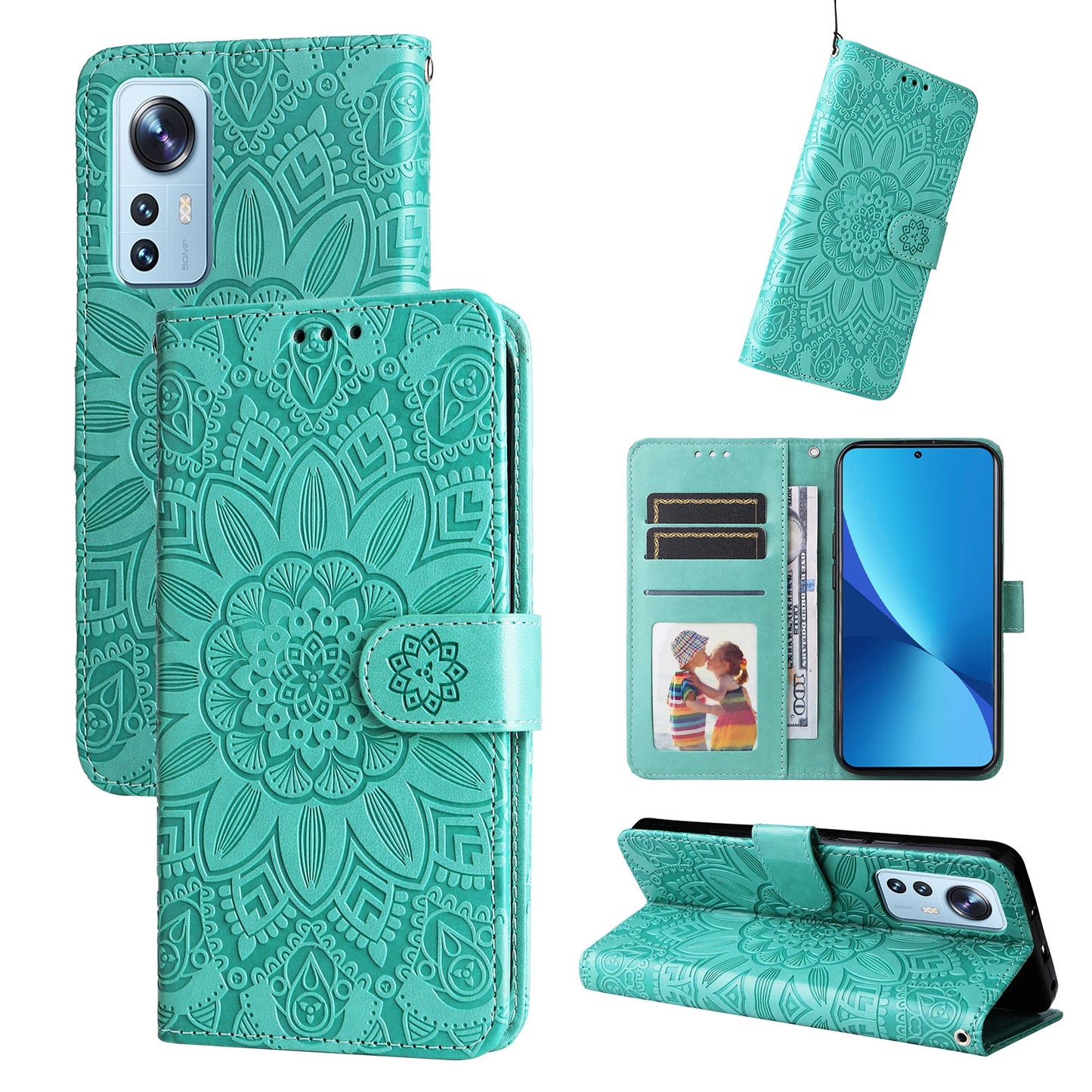 Xiaomi 12 Lite Sunflower Embossed Leather Wallet Phone Case with Kickstand and Card Holder