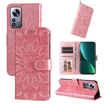 Xiaomi 12 Pro Sunflower Embossed Leather Wallet Phone Case with Kickstand and Card Holder