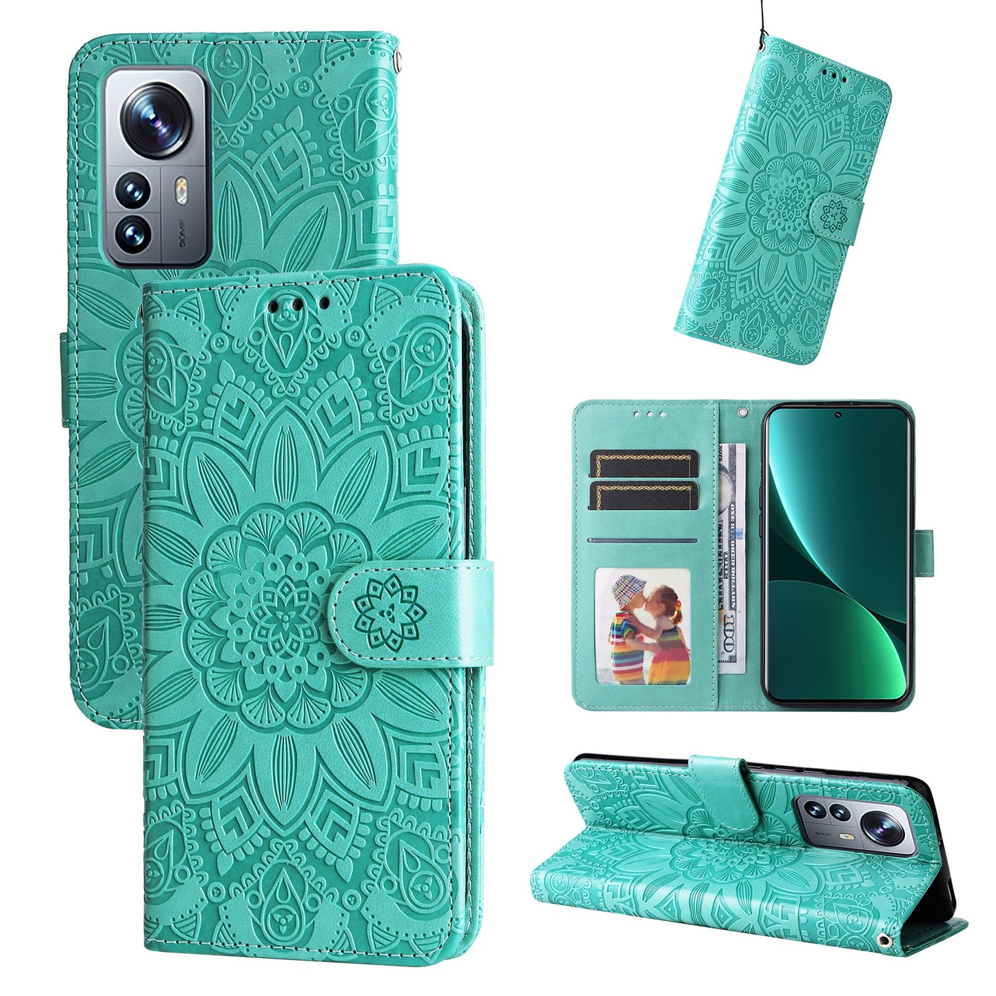 Xiaomi 12 Pro Sunflower Embossed Leather Wallet Phone Case with Kickstand and Card Holder