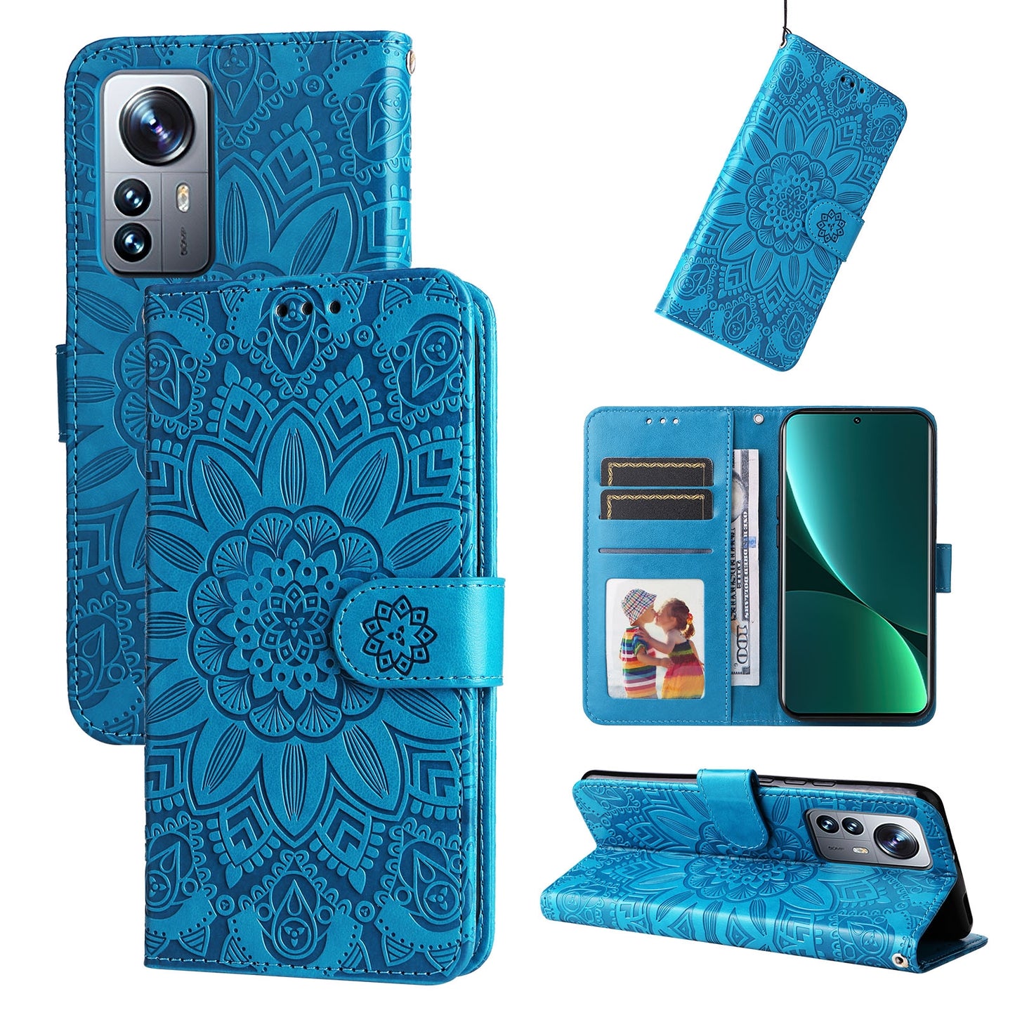 Xiaomi 12 Pro Sunflower Embossed Leather Wallet Phone Case with Kickstand and Card Holder