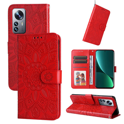 Xiaomi 12 Pro Sunflower Embossed Leather Wallet Phone Case with Kickstand and Card Holder