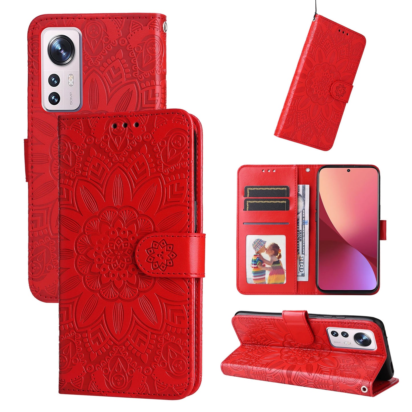 Xiaomi 12 Sunflower Embossed Leather Wallet Phone Case with Kickstand and Card Holder