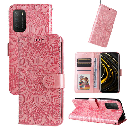 Xiaomi Redmi 9 Power Sunflower Embossed Leather Wallet Phone Case with Kickstand and Card Holder