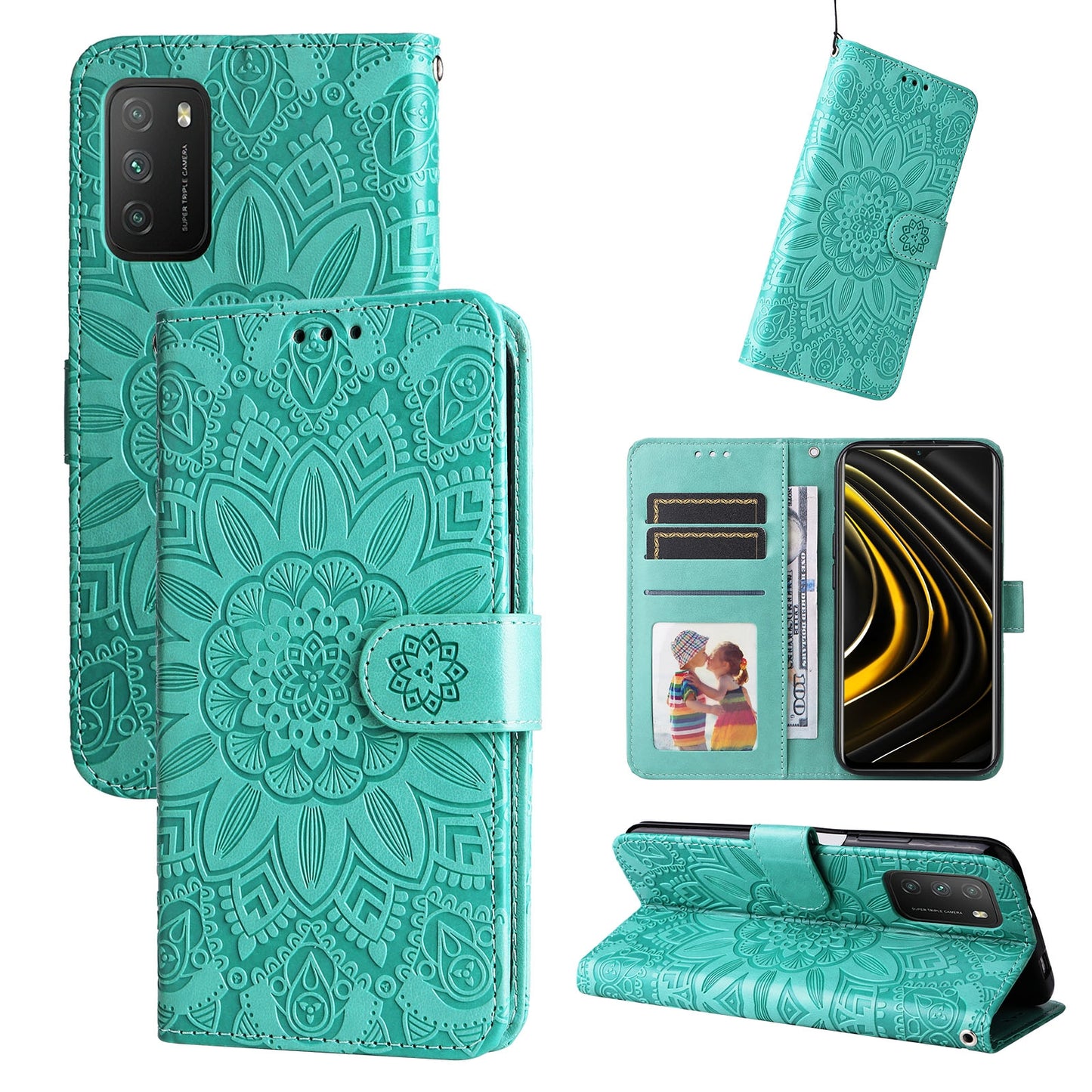 Xiaomi Poco M3 Sunflower Embossed Leather Wallet Phone Case with Kickstand and Card Holder