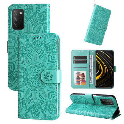 Xiaomi Redmi 9 Power Sunflower Embossed Leather Wallet Phone Case with Kickstand and Card Holder