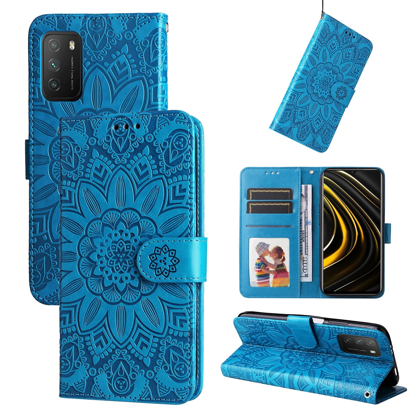 Xiaomi Poco M3 Sunflower Embossed Leather Wallet Phone Case with Kickstand and Card Holder