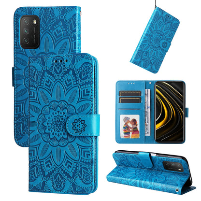 Xiaomi Poco M3 Sunflower Embossed Leather Wallet Phone Case with Kickstand and Card Holder