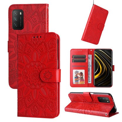 Xiaomi Poco M3 Sunflower Embossed Leather Wallet Phone Case with Kickstand and Card Holder