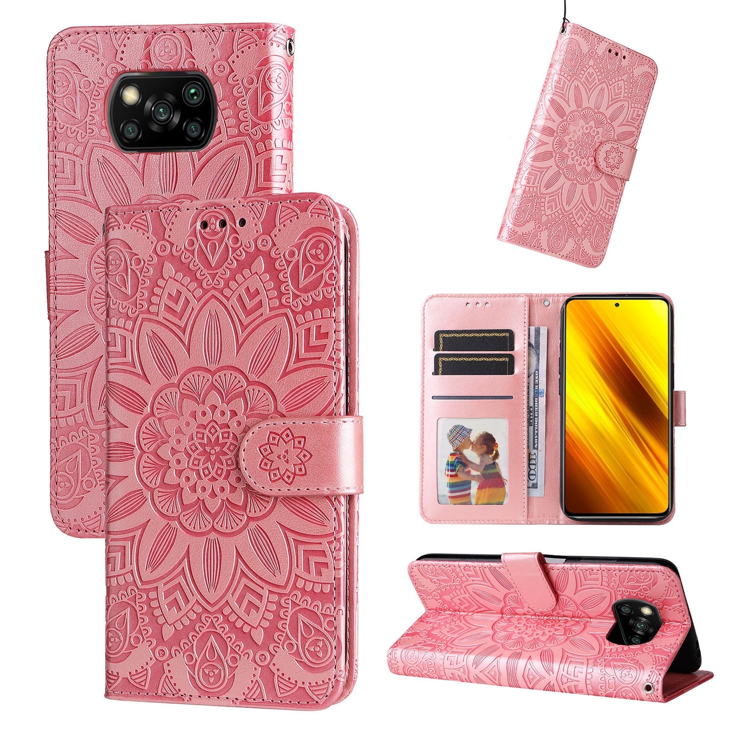 Xiaomi Poco X3 NFC Sunflower Embossed Leather Wallet Phone Case with Kickstand and Card Holder