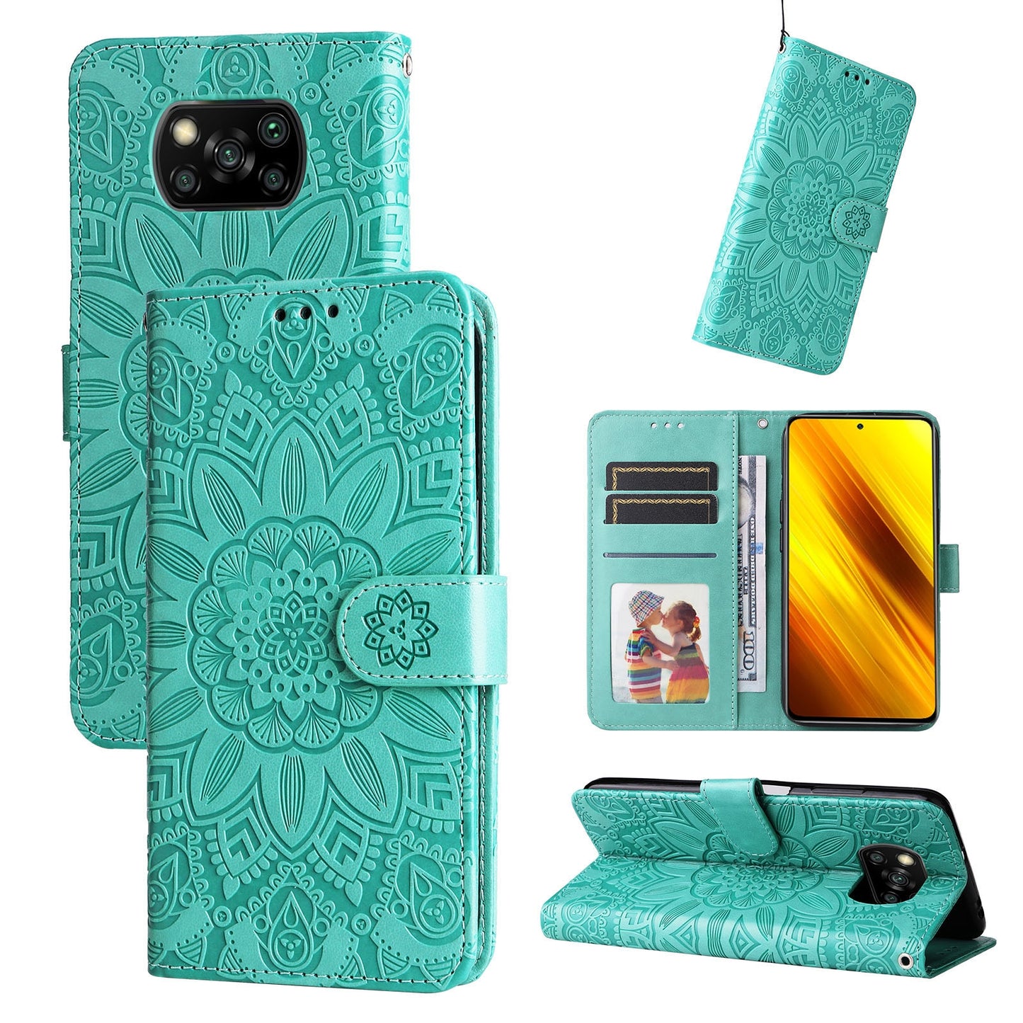 Xiaomi Poco X3 NFC Sunflower Embossed Leather Wallet Phone Case with Kickstand and Card Holder