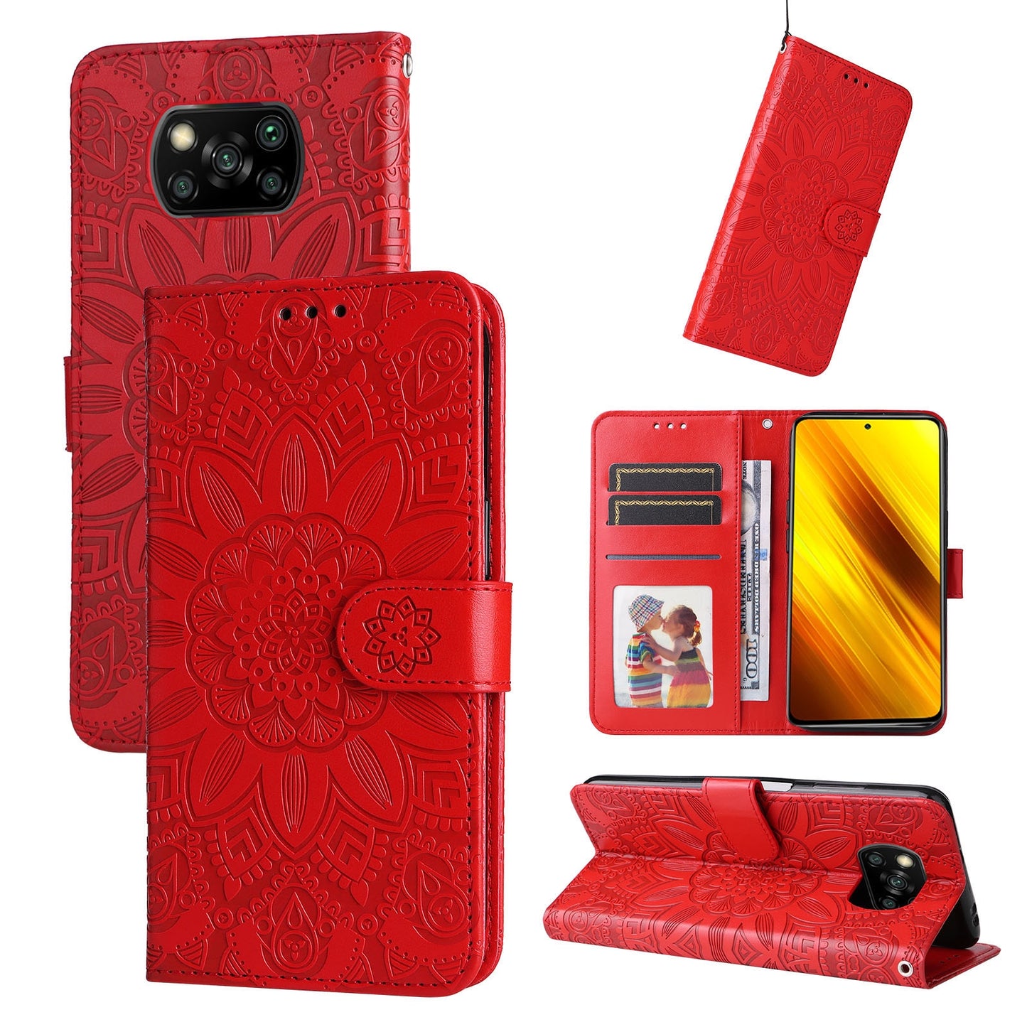 Xiaomi Poco X3 NFC Sunflower Embossed Leather Wallet Phone Case with Kickstand and Card Holder