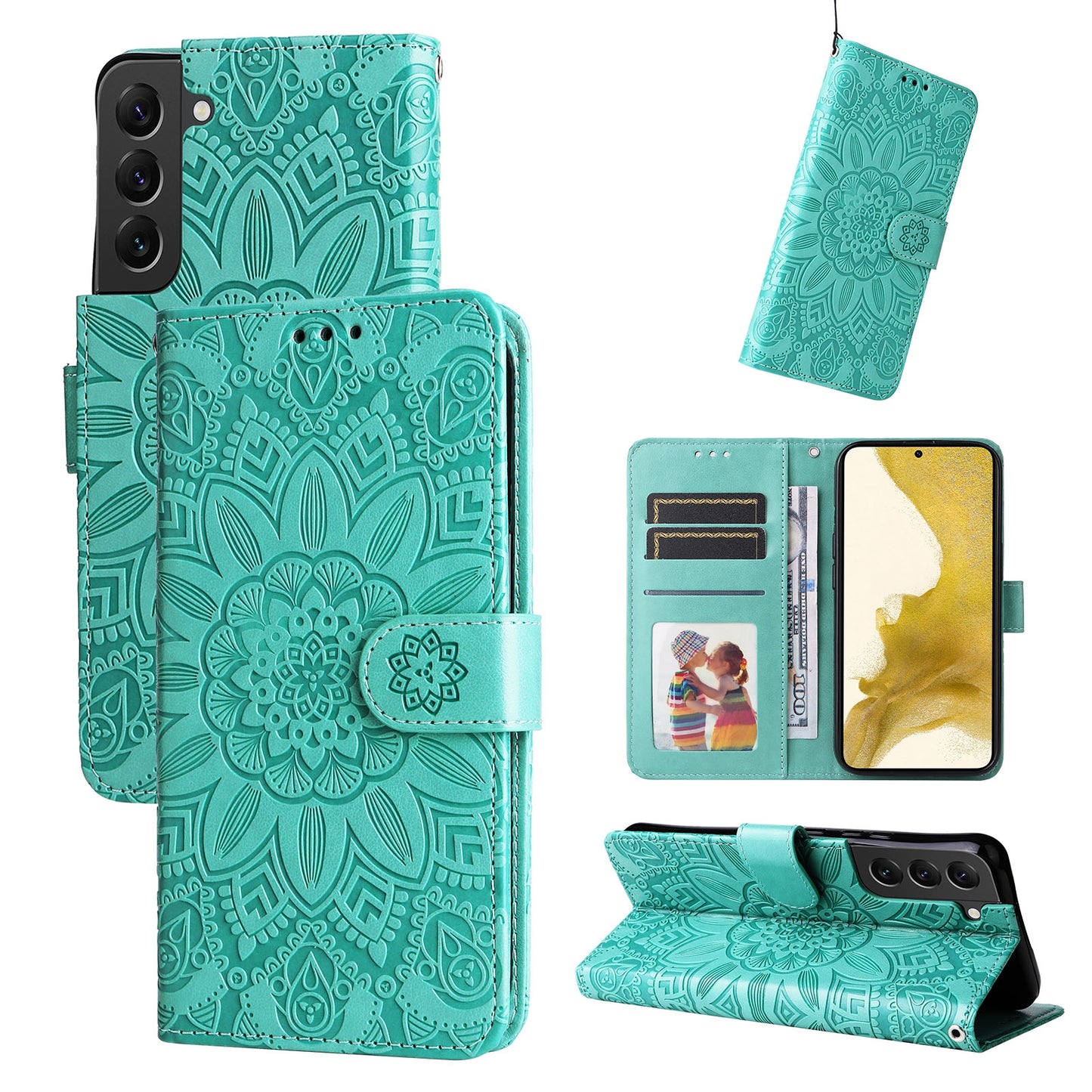 Samsung Galaxy S22 5G Sunflower Embossed Leather Wallet Phone Case with Kickstand and Card Holder