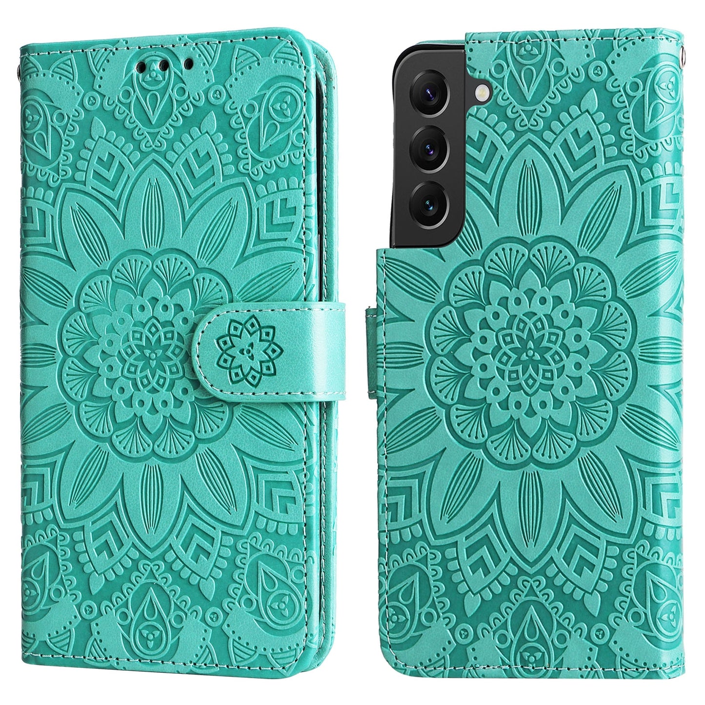 Samsung Galaxy S22 5G Sunflower Embossed Leather Wallet Phone Case with Kickstand and Card Holder