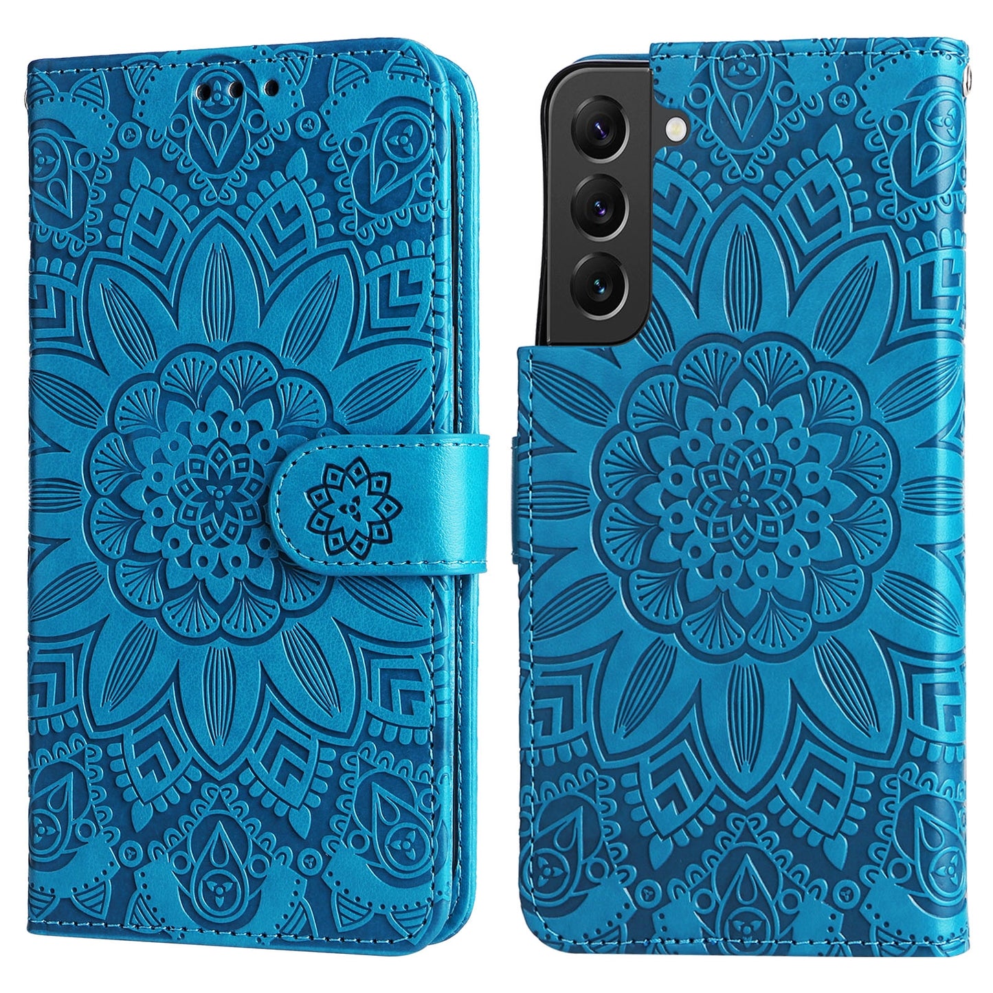 Samsung Galaxy S22 5G Sunflower Embossed Leather Wallet Phone Case with Kickstand and Card Holder