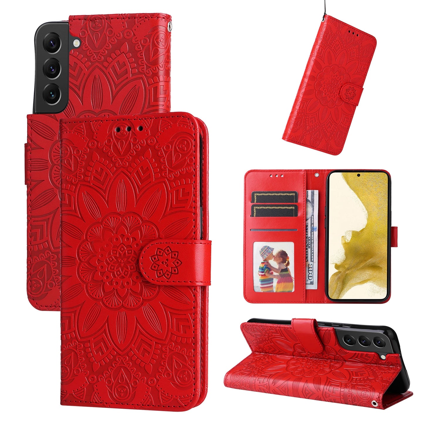 Samsung Galaxy S22 5G Sunflower Embossed Leather Wallet Phone Case with Kickstand and Card Holder