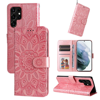 Samsung Galaxy S22 Ultra 5G Sunflower Embossed Leather Wallet Phone Case with Kickstand and Card Holder