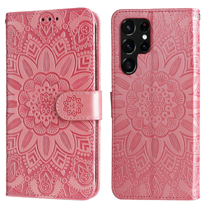 Samsung Galaxy S22 Ultra 5G Sunflower Embossed Leather Wallet Phone Case with Kickstand and Card Holder