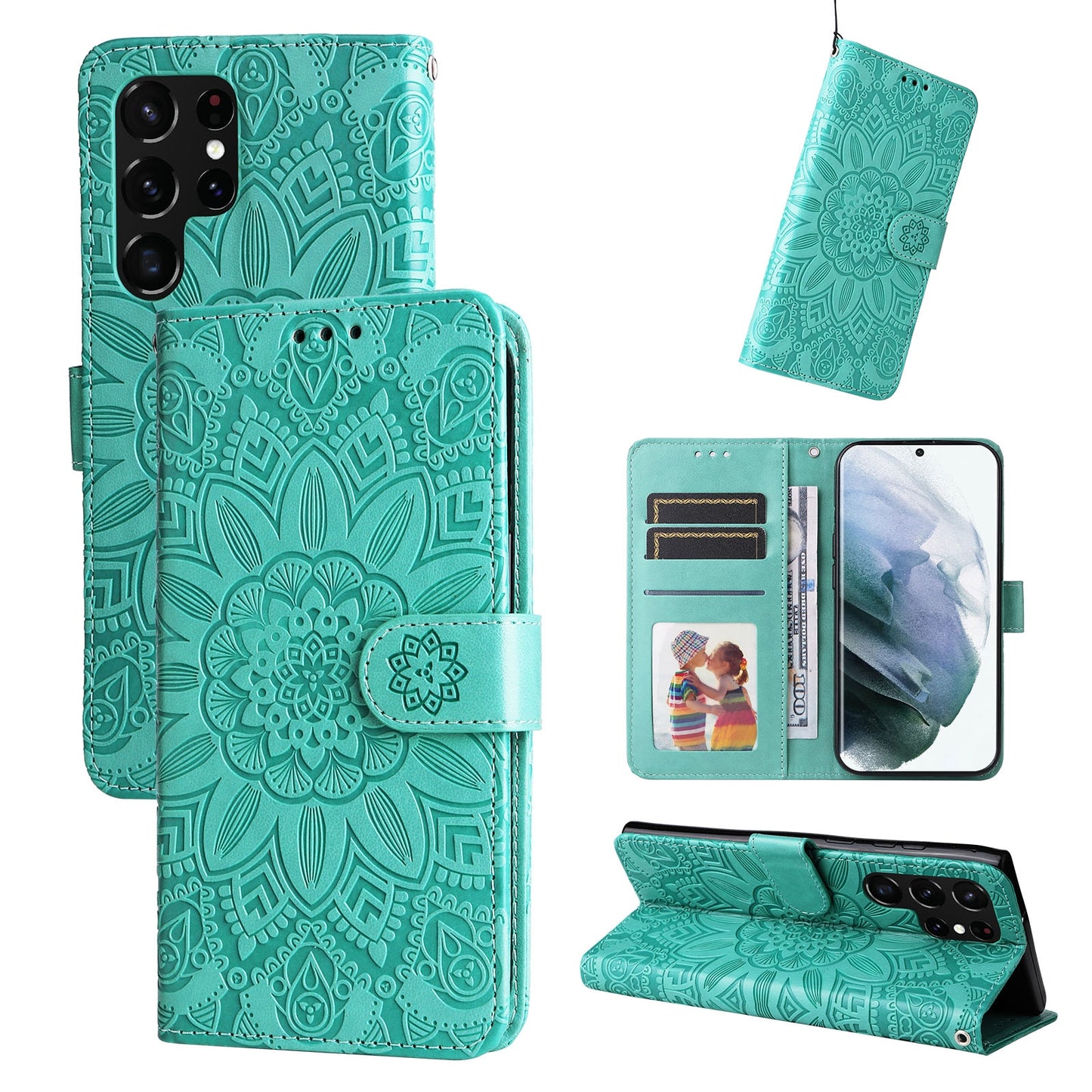 Samsung Galaxy S22 Ultra 5G Sunflower Embossed Leather Wallet Phone Case with Kickstand and Card Holder