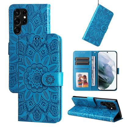 Samsung Galaxy S22 Ultra 5G Sunflower Embossed Leather Wallet Phone Case with Kickstand and Card Holder