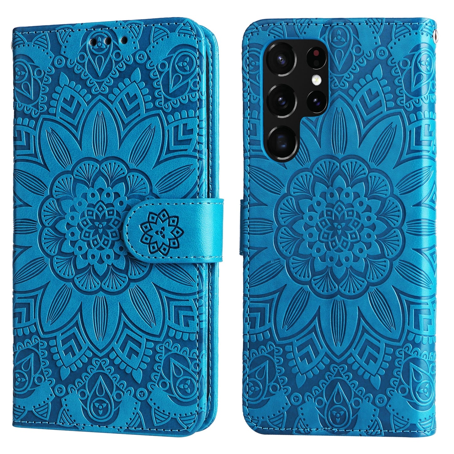 Samsung Galaxy S22 Ultra 5G Sunflower Embossed Leather Wallet Phone Case with Kickstand and Card Holder