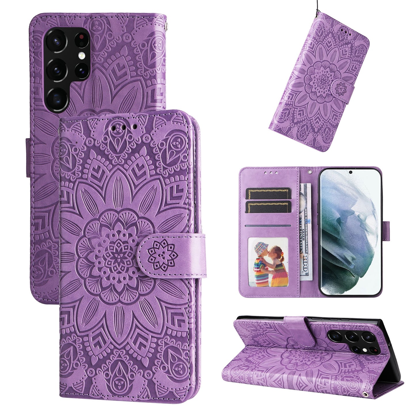 Samsung Galaxy S22 Ultra 5G Sunflower Embossed Leather Wallet Phone Case with Kickstand and Card Holder