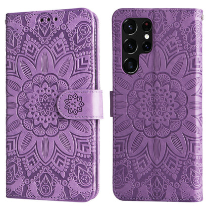 Samsung Galaxy S22 Ultra 5G Sunflower Embossed Leather Wallet Phone Case with Kickstand and Card Holder