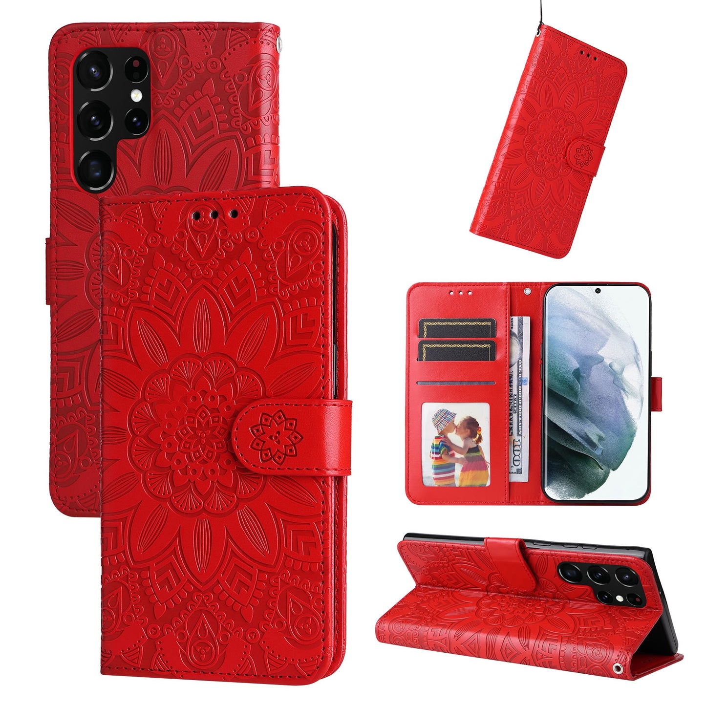 Samsung Galaxy S22 Ultra 5G Sunflower Embossed Leather Wallet Phone Case with Kickstand and Card Holder