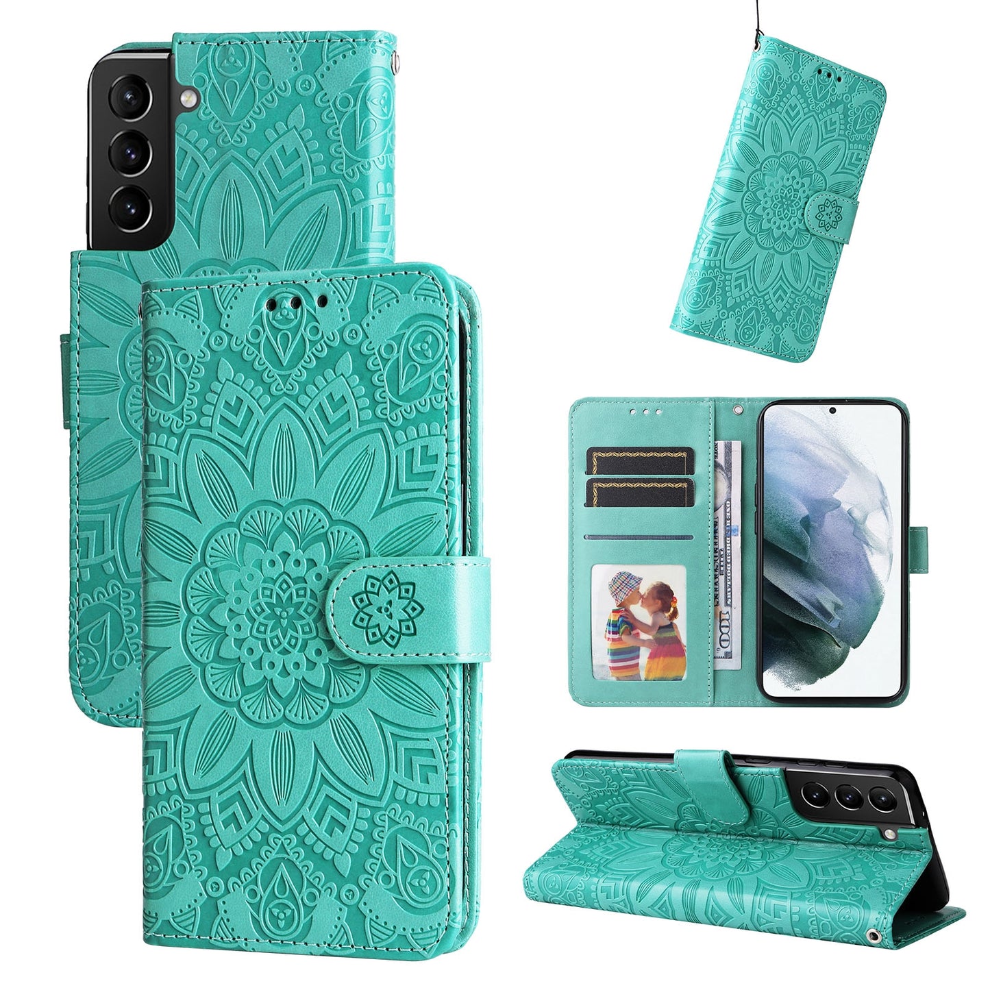 Samsung Galaxy S21+ 5G Sunflower Embossed Leather Wallet Phone Case with Kickstand and Card Holder