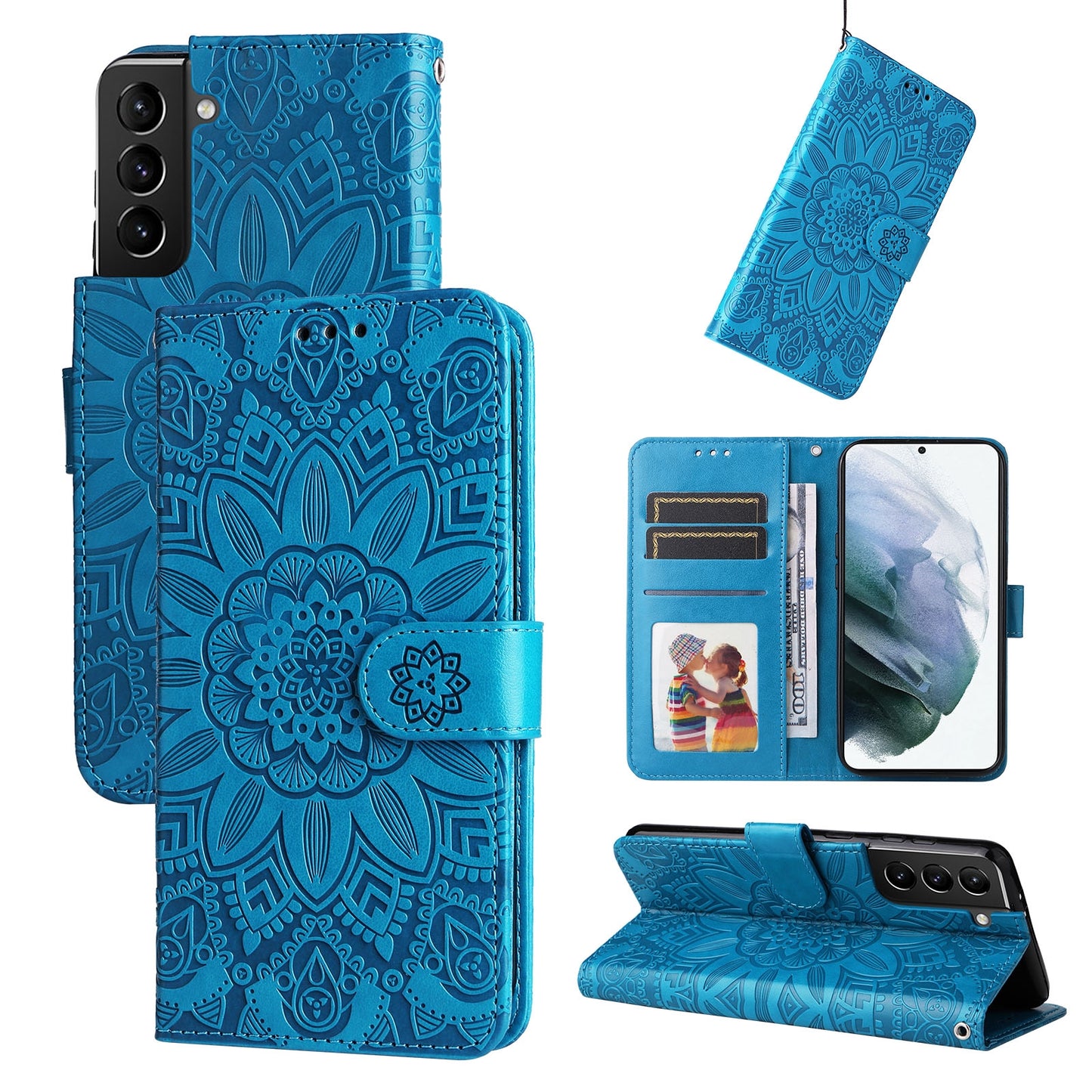 Samsung Galaxy S21+ 5G Sunflower Embossed Leather Wallet Phone Case with Kickstand and Card Holder