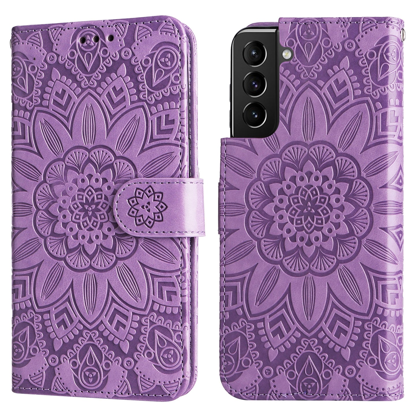 Samsung Galaxy S21+ 5G Sunflower Embossed Leather Wallet Phone Case with Kickstand and Card Holder