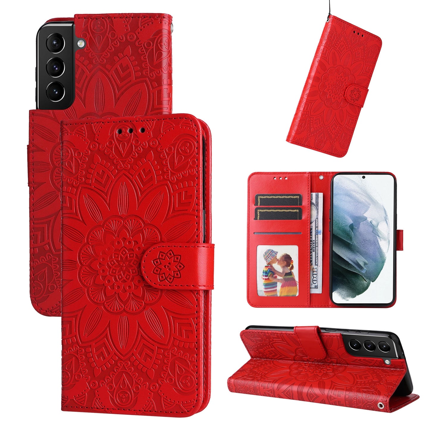 Samsung Galaxy S21+ 5G Sunflower Embossed Leather Wallet Phone Case with Kickstand and Card Holder